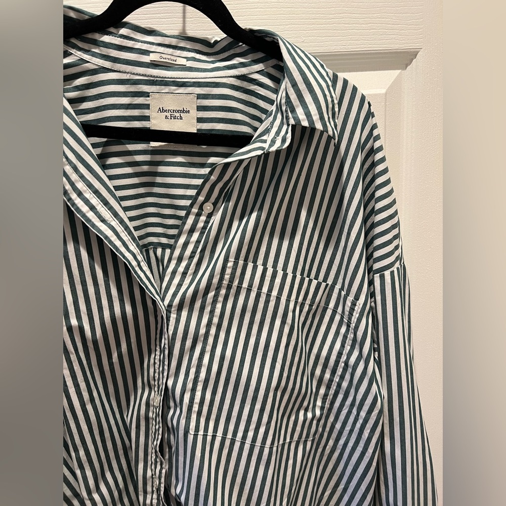 Abercrombie Women’s Oversized Poplin Shirt Green Stripe size XL